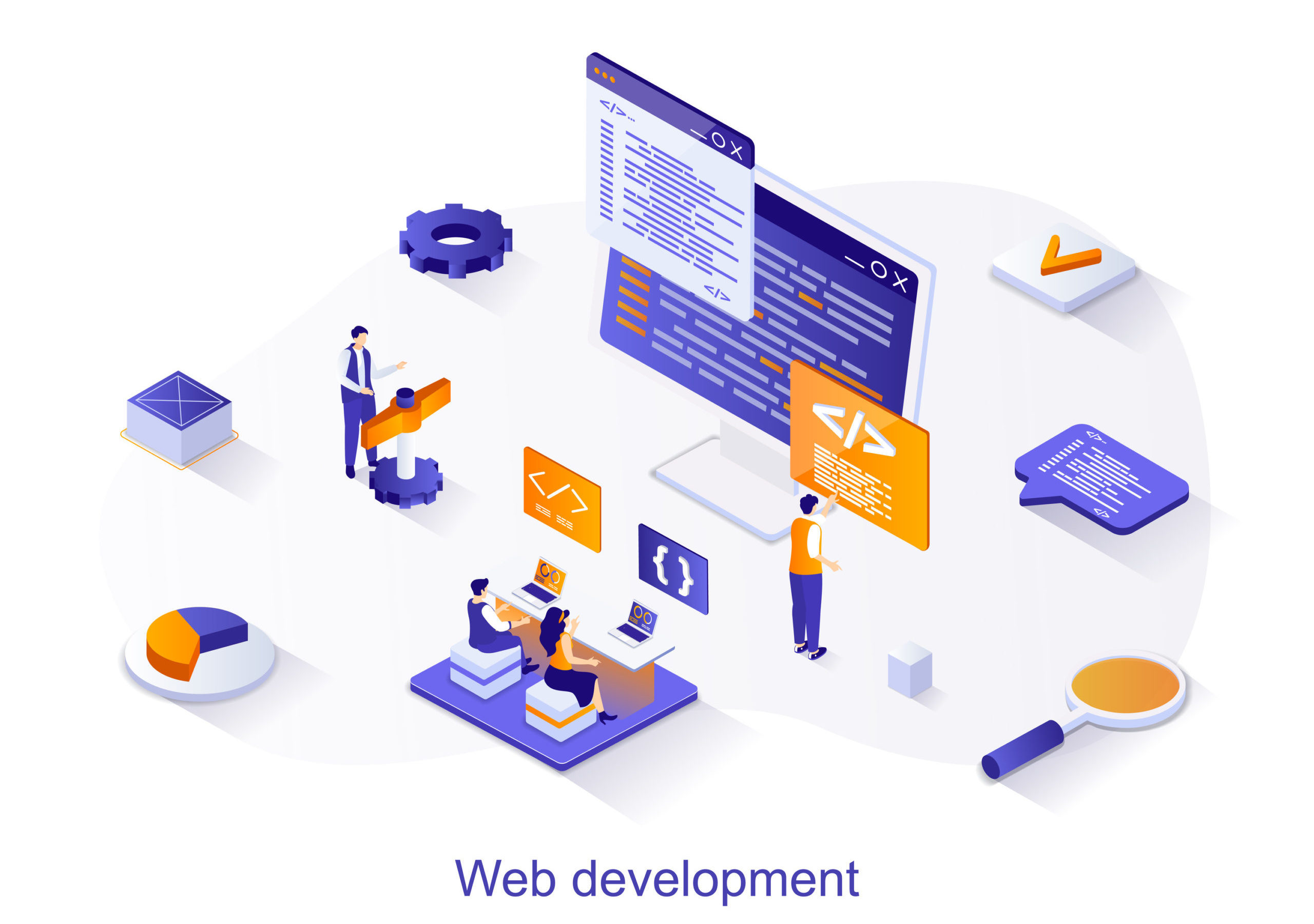 Web Development Isometric Web Concept. People Create And Optimiz